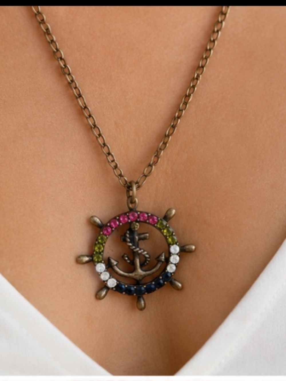 Nautical Ship Wheel & Anchor Rhinestone Pendant Necklace 30” Coastal Style
